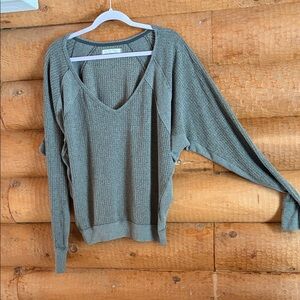 Free People Olive Green Waffle Knit V-Neck Pullover